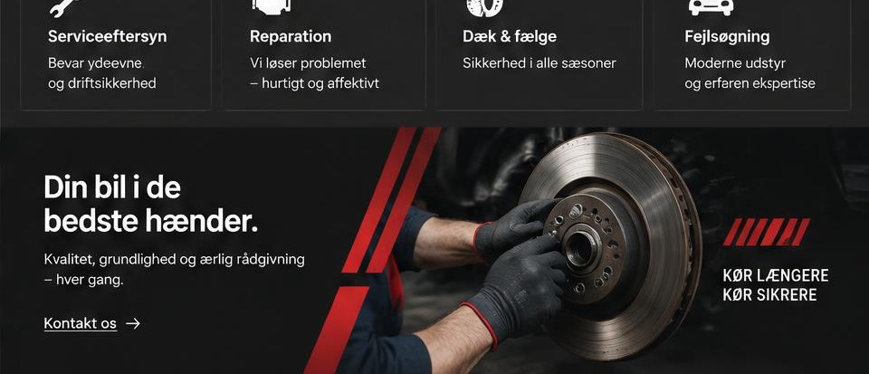 Ydelses- og indholdssektioner i autoværksted-konceptet