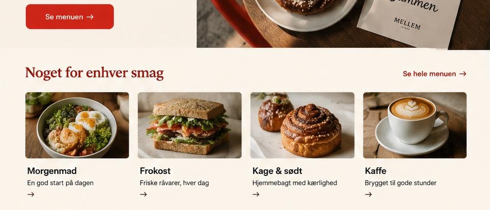 Ydelses- og indholdssektioner i café-konceptet