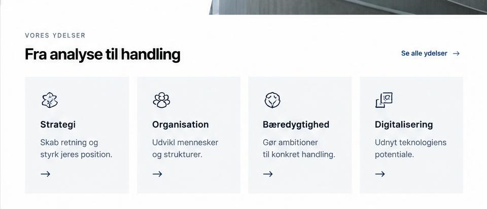 Ydelses- og indholdssektioner i b2b konsulentvirksomhed-konceptet