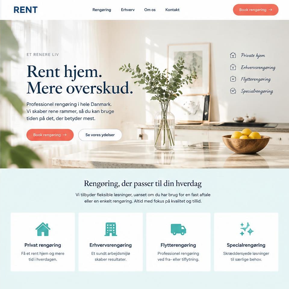 Desktopvisning af designkoncept til rengøringsfirma