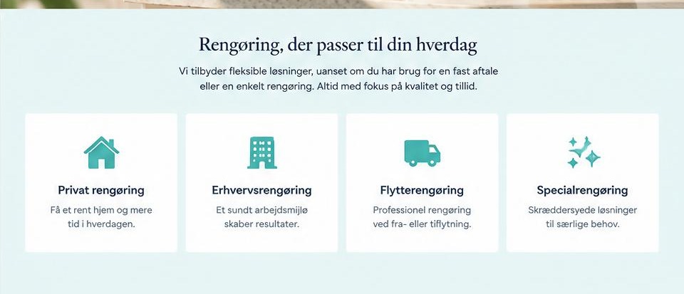 Ydelses- og indholdssektioner i rengøringsfirma-konceptet