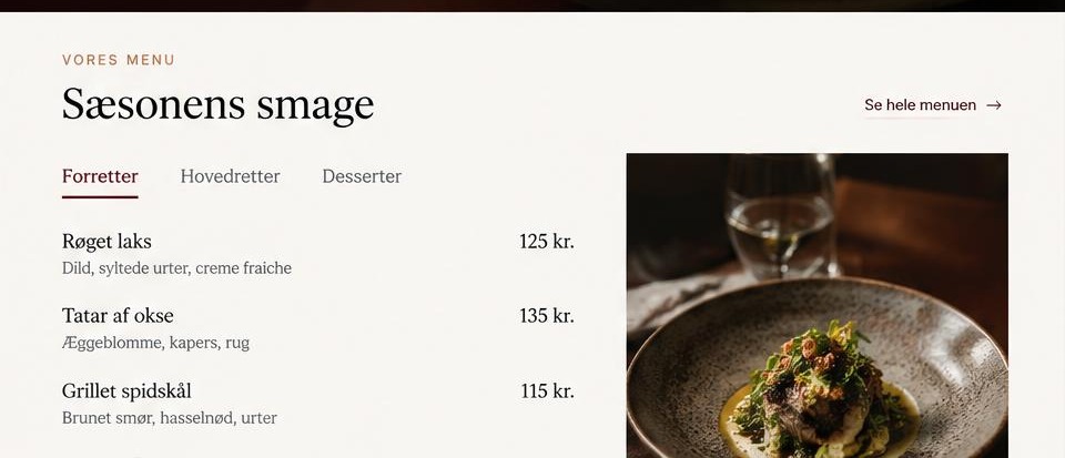 Ydelses- og indholdssektioner i restaurant-konceptet