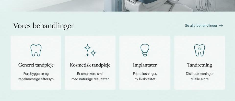 Ydelses- og indholdssektioner i tandlæge-konceptet