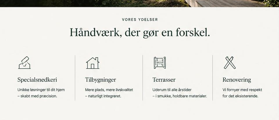 Ydelses- og indholdssektioner i tømrer-konceptet