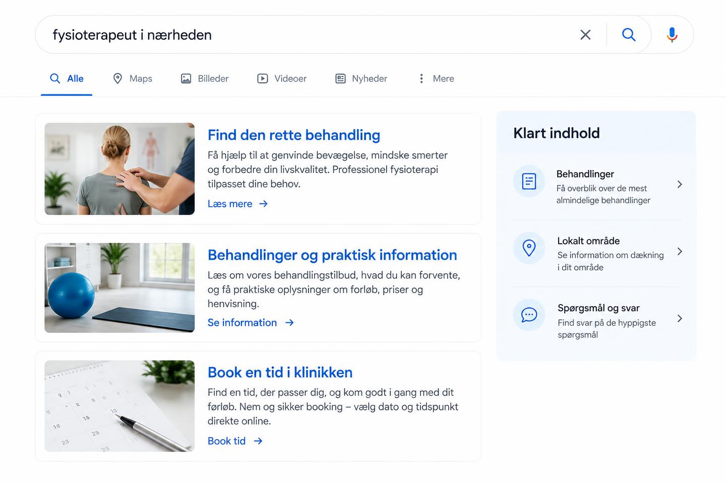 Illustration af søgning og indholdsstruktur for en klinikhjemmeside